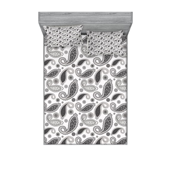 Ambesonne Paisley Fitted Sheet & Pillow Sham Set, Oriental Florets Leaf, Full, Grey and White