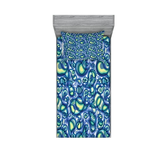 Ambesonne Paisley Fitted Sheet & Pillow Sham Set, Raindrops Inspired Art, Twin, Blue and Green