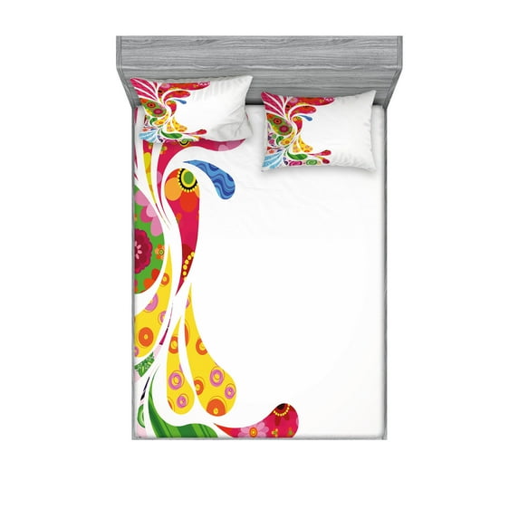 Ambesonne Paisley Fitted Sheet & Pillow Sham Set, Retro Floral Leaf Art, Queen, Multicolor