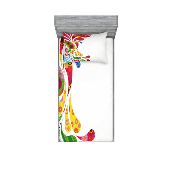 Ambesonne Paisley Fitted Sheet & Pillow Sham Set, Retro Floral Leaf Art, Twinxl, Multicolor