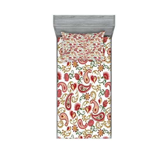 Ambesonne Paisley Fitted Sheet & Pillow Sham Set, Style Rose Motif, Twinxl, Pale Pink Red