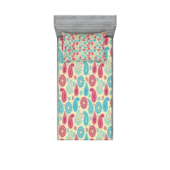 Ambesonne Paisley Fitted Sheet & Pillow Sham Set, Traditional Leafy Motifs, Twinxl, Turquoise Pink Cream