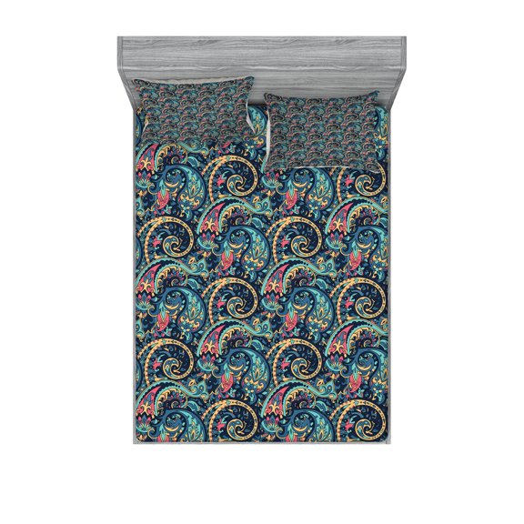Ambesonne Paisley Fitted Sheet & Pillow Sham Set, Tribal Vibrant Pattern, Full, Slate Blue Coral