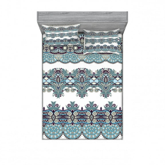 Ambesonne Paisley Fitted Sheet & Pillow Sham Set, Triplet Design with Stripes, Queen, Blue and White