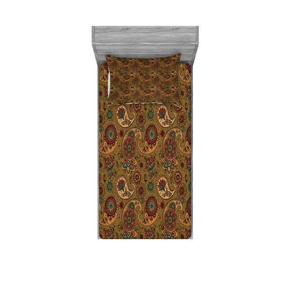 Ambesonne Paisley Fitted Sheet & Pillow Sham Set, Vintage Motif, Twinxl, Multicolor
