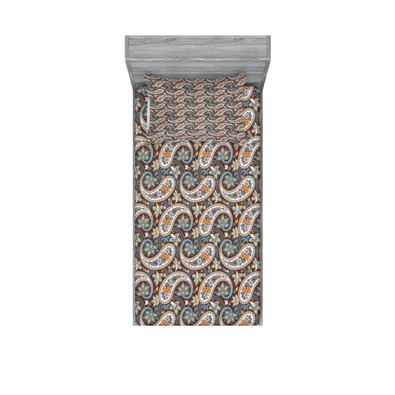 Ambesonne Paisley Fitted Sheet & Pillow Sham Set, Vintage Oriental Ethnic, Twinxl, Redwood and Blue Grey