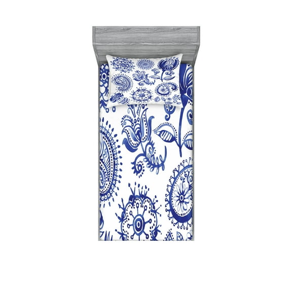 Ambesonne Paisley Fitted Sheet & Pillow Sham Set, Watercolor Mandala, Twin, Navy Blue White