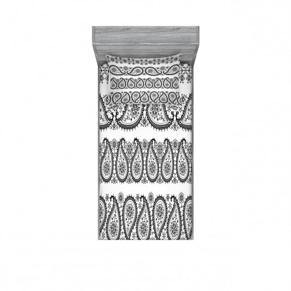 Ambesonne Paisley Fitted Sheet & Pillow Sham Set, Winter Theme Flowers, Twin, Black and White