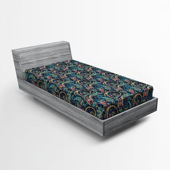 Ambesonne Paisley Fitted Sheet, Tribal Vibrant Pattern, Twin Size, Slate Blue Coral