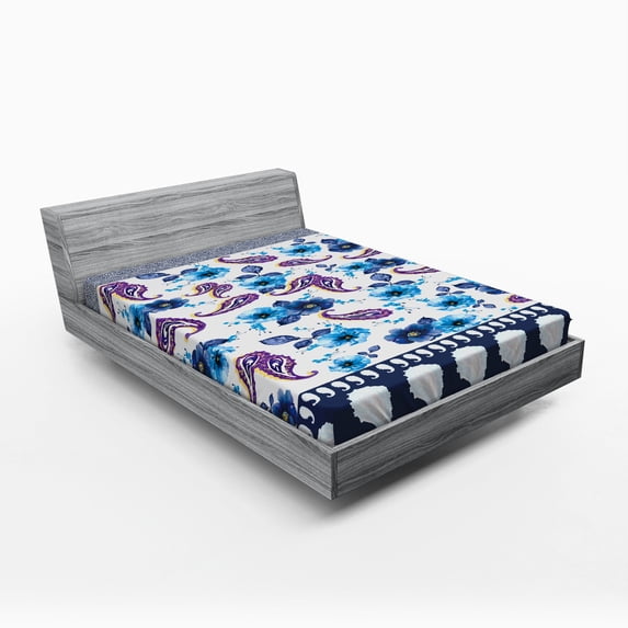 Ambesonne Paisley Fitted Sheet, Watercolor Vintage Flora, Full Size, Azure Blue Multicolor