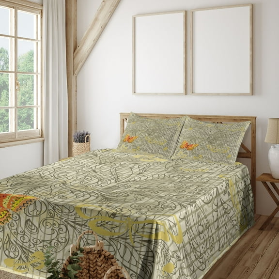Ambesonne Paisley Fitted & Top Sheet Set with Shams, Botanical Leafy Butterfly, Yellow Orange