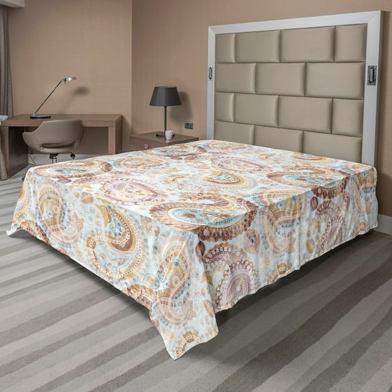 Ambesonne Paisley Flat Bedding Sheet Soft Top Sheet, Soft Oriental Floral Design, California King, Warm Taupe and Pale Coffee