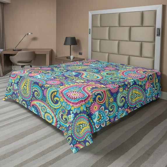 Ambesonne Paisley Flat Sheet, Bohem Colorful, California King, Multicolor