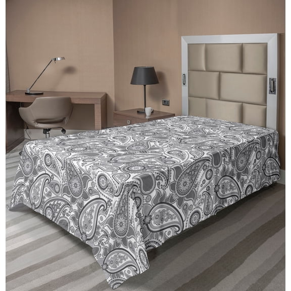 Ambesonne Paisley Flat Sheet, Leafy Stripes Traditional, Twin Size, White and Grey