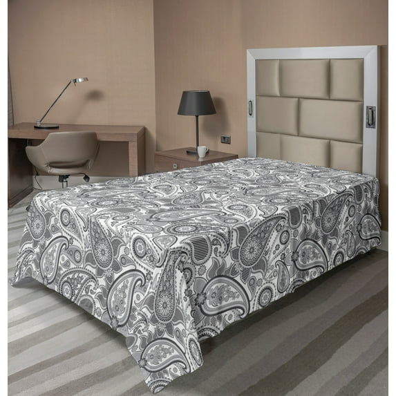 Ambesonne Paisley Flat Sheet, Leafy Stripes Traditional, Twin Size, White and Grey