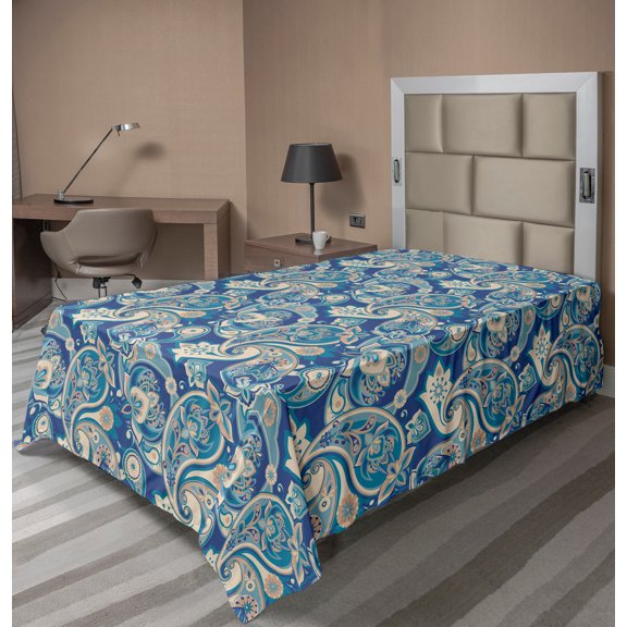 Ambesonne Paisley Flat Sheet, Inspired Boho Illustration, TwinXL Size, Teal Navy Tan