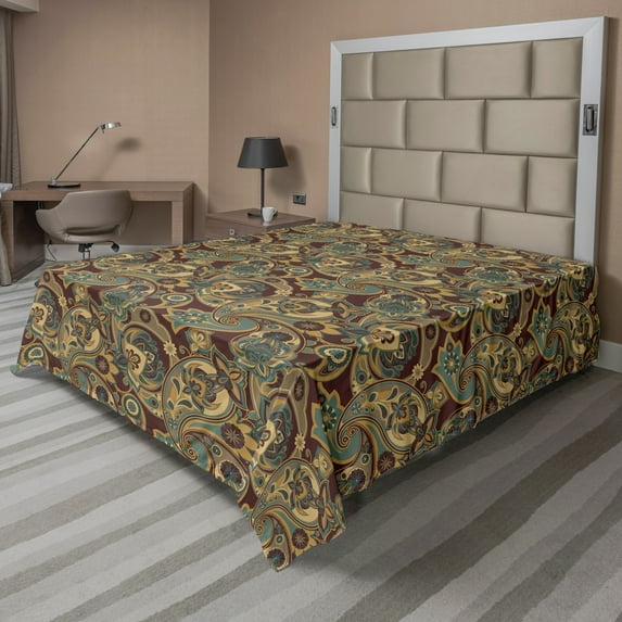 Ambesonne Paisley Flat Sheet, Teardrops Hippie Florets, Queen Size, Sand Brown and Chocolate