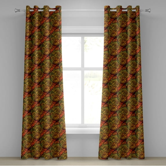 Ambesonne Paisley Grommet Curtain, Art Deco Oriental Flowers, 50" x 84", Reseda Green Orange