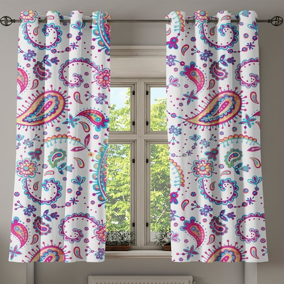 Ambesonne Paisley Grommet Curtain, Boho Modern Floral Motifs, 50"x60", Magenta Sea Blue Mustard