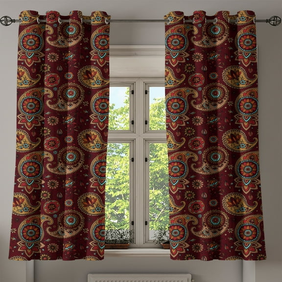 Ambesonne Paisley Grommet Curtain, Middle Eastern Tribual, 50" x 63", Burgundy and Dark Mustard