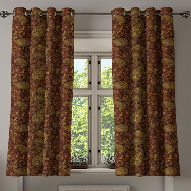 Ambesonne Paisley Grommet Curtain, Oriental Damask Design, 50" x 54", Redwood and Amber