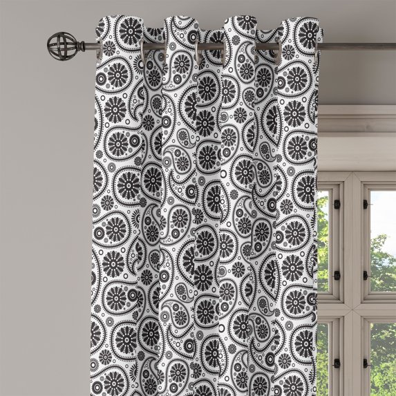 Ambesonne Paisley Grommet Curtain Single Panel, Floral Retro Circles, 50"x60", Black and White