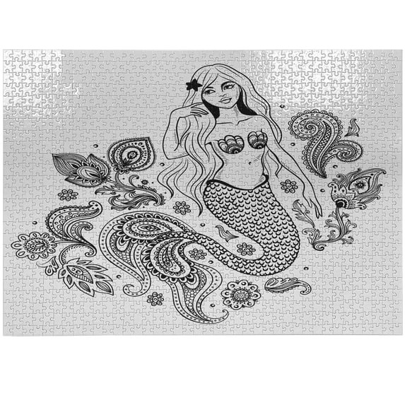 Ambesonne Paisley Jigsaw Puzzle Durable Cardboard, Mermaid in Ocean, 1000 pcs, Black Grey