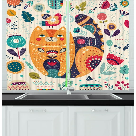 Ambesonne Paisley Kitchen Curtains, Cat and Flower Leaf, 55"x39", Multicolor