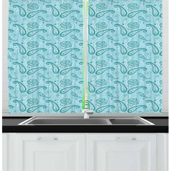 Ambesonne Paisley Kitchen Curtains, Ethnic Hippie Flowers Art, 55"x39", Pale Blue Teal