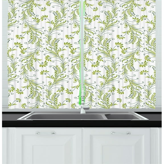 Ambesonne Paisley Kitchen Curtains, Old Leaf Swirl Floral, 55"x45", Green Black White