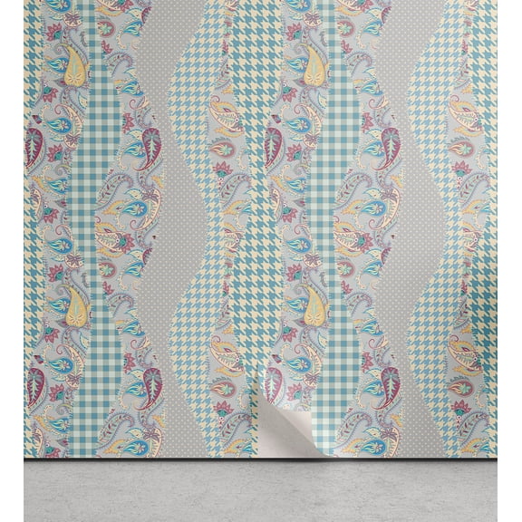 Ambesonne Paisley Peel & Stick Wallpaper for Home, Modern Floral Motif Pattern, 13"x36", Petrol Blue Pale Grey