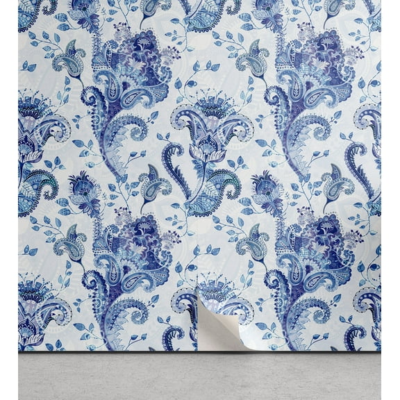 Ambesonne Paisley Peel & Stick Wallpaper for Home, Oriental Floral Boho Motifs, 13"x36", Dark Lavender Soft Blue