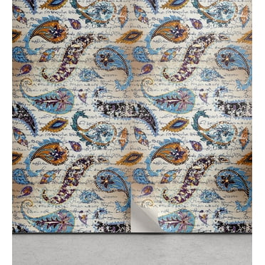 Ambesonne Paisley Peel & Stick Wallpaper for Home, Romance Letter Floral Print, 13"x36", Deep Sky Blue Apricot