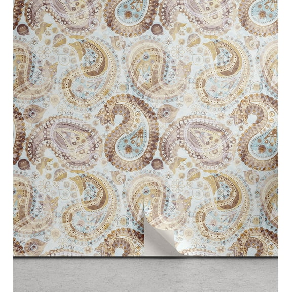 Ambesonne Paisley Peel & Stick Wallpaper for Home, Soft Oriental Floral Design, 13"x36", Warm Taupe and Pale Coffee