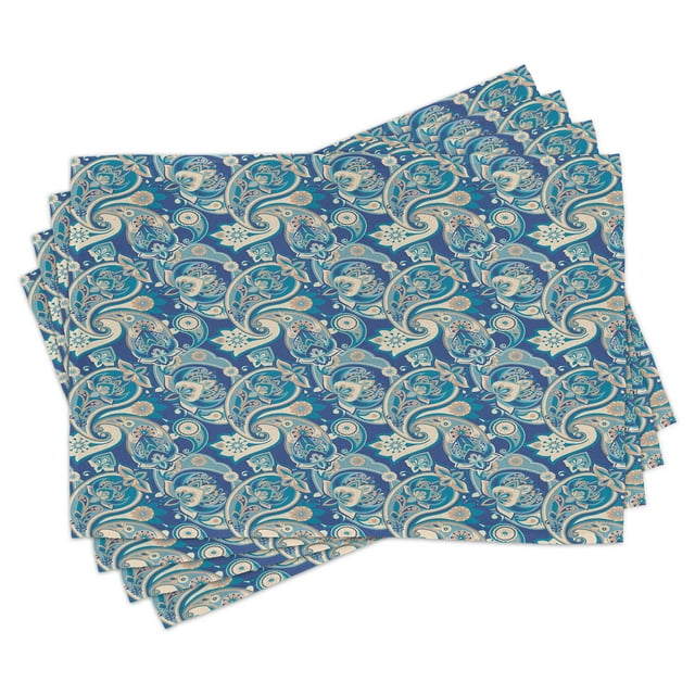 Ambesonne Paisley Place Mats Set of 4, Inspired Persian, Standard Size, Teal Navy and Tan