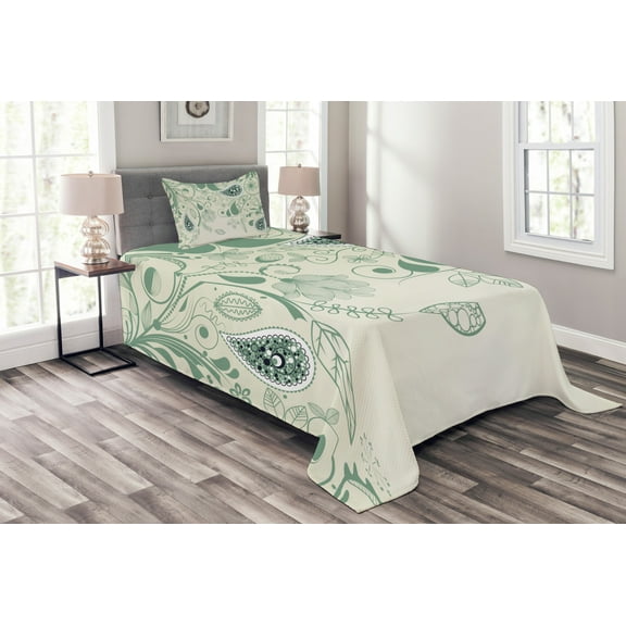 Ambesonne Paisley Quilted Bedspread Set 2 Pcs, Floral Vintage Patterns, Twin Size, Laurel Green