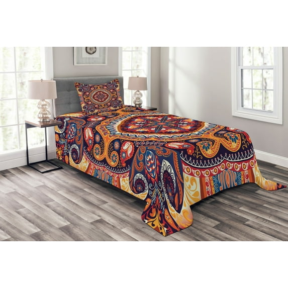 Ambesonne Paisley Quilted Bedspread Set 2 Pcs, Flower Rug, Twin Size, Multicolor