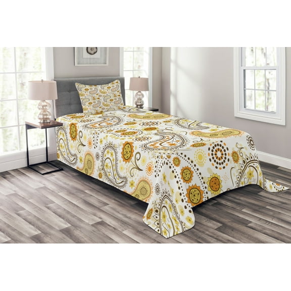 Ambesonne Paisley Quilted Bedspread Set 2 Pcs, Folkloric Floral Drop Forms, Twin Size, Orange Yellow White