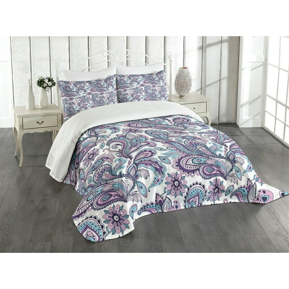 Ambesonne Paisley Quilted Bedspread Set 3 Pcs, Bohemic Floral Country, King Size, Purple White Blue