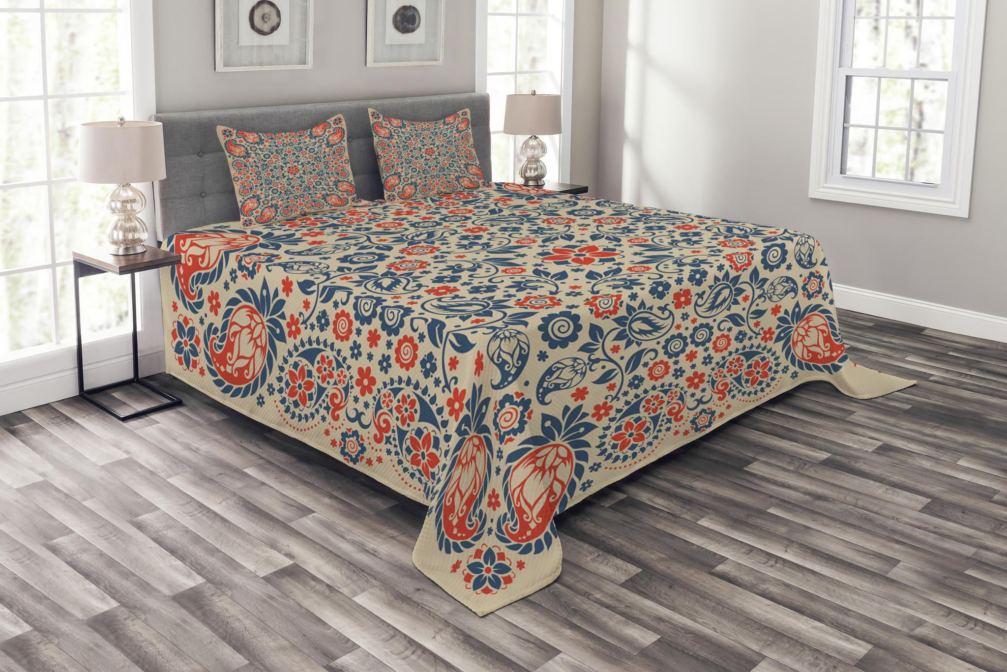 Ambesonne Paisley Quilted Bedspread Set 3 Pcs, Cultural Folk Persian, King Size, Night Blue