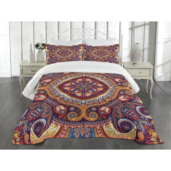 Ambesonne Paisley Quilted Bedspread Set 3 Pcs, Flower Rug, King Size, Multicolor