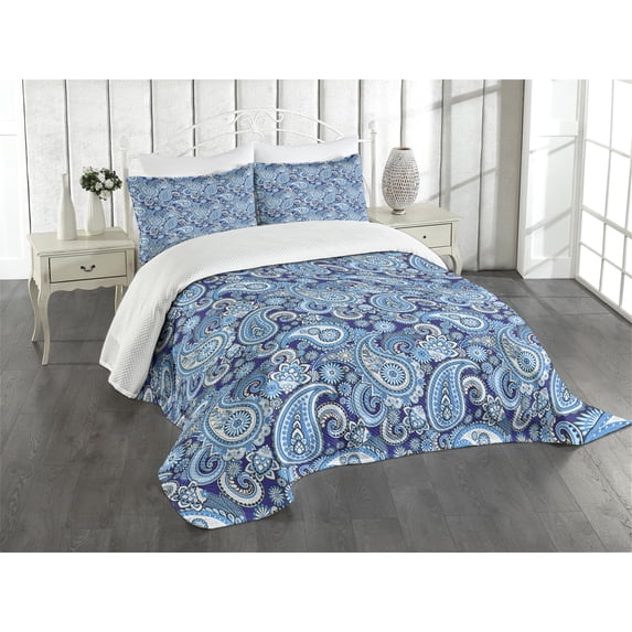 Ambesonne Paisley Quilted Bedspread Set 3 Pcs, Flowers Leaves and Dots, King Size, Blue