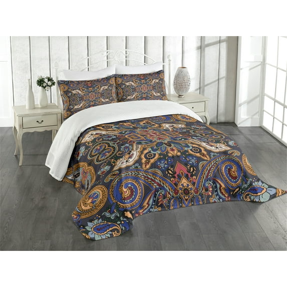 Ambesonne Paisley Quilted Bedspread Set 3 Pcs, Moroccan Floret Antique, King Size, Royal Blue Sand Brown