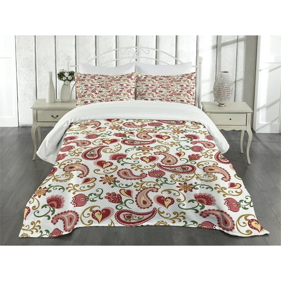 Ambesonne Paisley Quilted Bedspread Set 3 Pcs, Style Rose Motif, Queen Size, Pale Pink Red