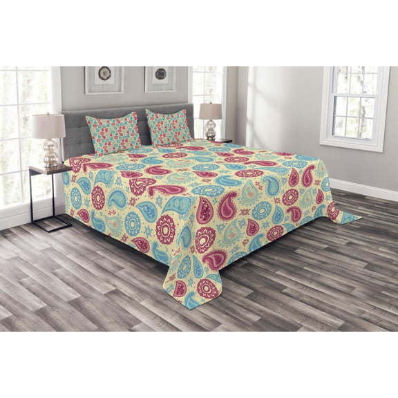 Ambesonne Paisley Quilted Bedspread Set 3 Pcs, Traditional Leafy Motifs, Queen Size, Turquoise Pink Cream
