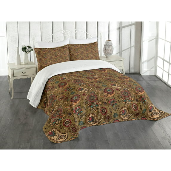 Ambesonne Paisley Quilted Bedspread Set 3 Pcs, Vintage Motif, Queen Size, Multicolor
