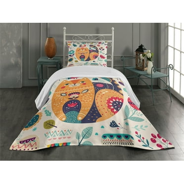 Ambesonne Paisley Quilted Coverlet 2 Pcs, Cat and Flower Leaf, Twin Size, Multicolor