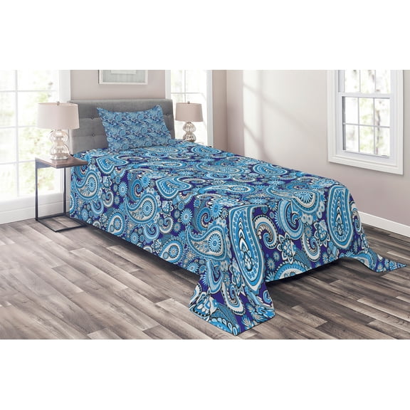Ambesonne Paisley Quilted Coverlet 2 Pcs, Flowers Leaves and Dots, Twin Size, Blue