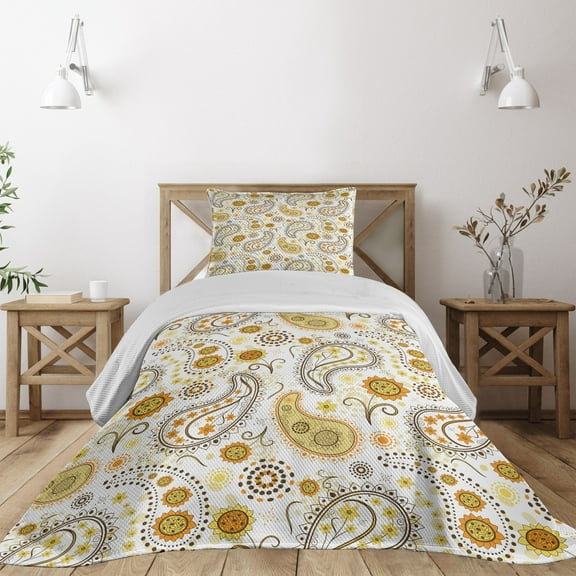 Ambesonne Paisley Quilted Coverlet 2 Pcs, Folkloric Floral Drop Forms, Twin Size, Orange Yellow White