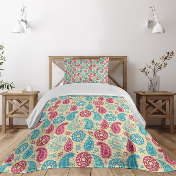 Ambesonne Paisley Quilted Coverlet 2 Pcs, Traditional Leafy Motifs, Twin Size, Turquoise Pink Cream